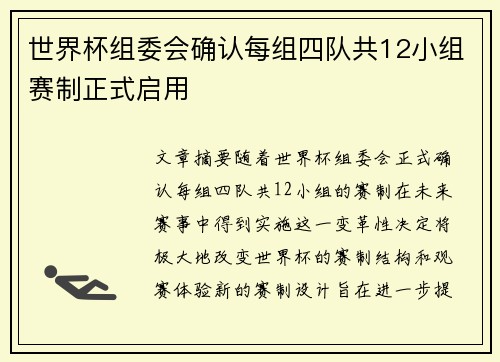 世界杯组委会确认每组四队共12小组赛制正式启用